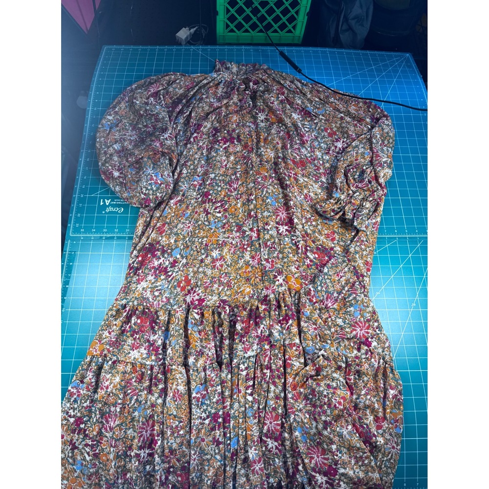 Free People Floral Tiered Midi Dress XL Multicolor Boho Long Sleeve Ruffle Neck